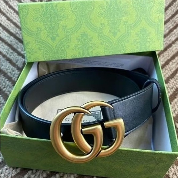 New Gucci Double GG Buckle Leather Belt In Black - Picture 2 of 5